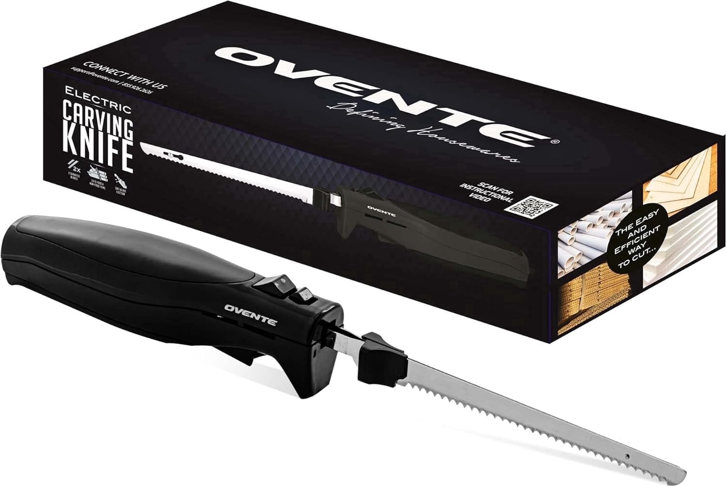 OVENTE Electric Carving Knife with Stainless Steel Blade, Black EK4510BB | 110W, Safety Lock and Eject Button, Lightweight & Ergonomic Handle, Ideal for Slicing Meat, Bread, Poultry, and Cheese