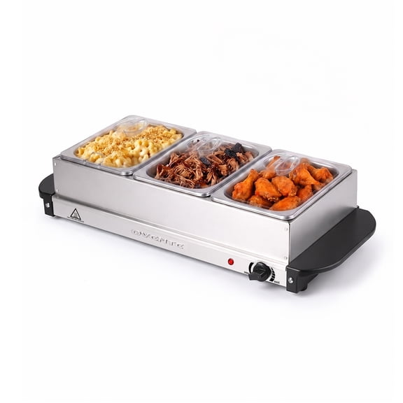 OVENTE Electric Buffet Server and Food Warmer, Three 1.5 Qt, Silver FW173S | Compact size 9.75"L x 21.5"W x 5.75"H, Chafing Dish Set with Stainless Steel Warming Tray Perfect for Holidays and Dinners