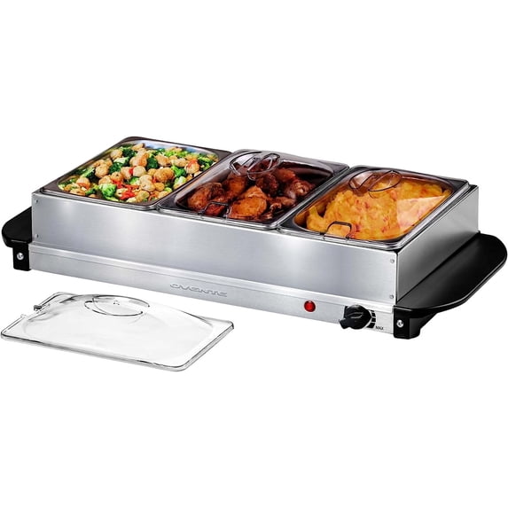 OVENTE Electric Buffet Server and Food Warmer, Three 1.5 Quart Chafing Dish Set with Stainless Steel Warming Tray Perfect for Holidays and Dinners, Silver FW173S