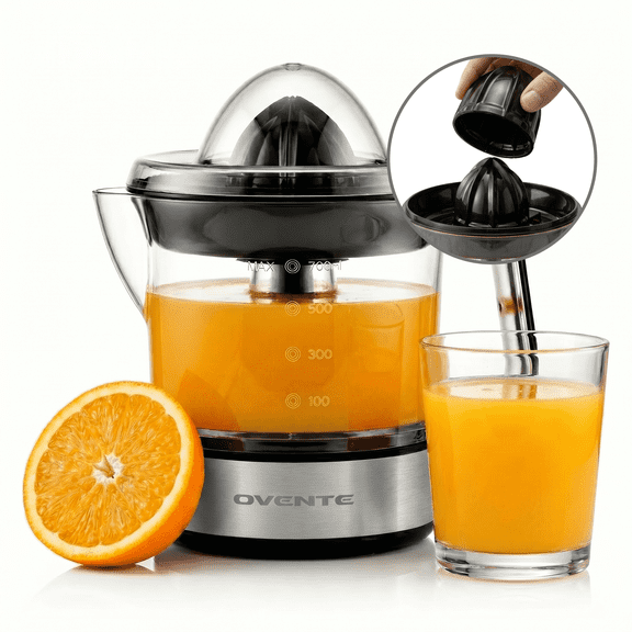 OVENTE Electric Citrus Juicer Machine with 2 Cones for Big and Small Fruit, Pressure Activated, Pulp Control and Easy Pour Spout, Juice Squeezer for Orange, Lemon, Lime or Grapefruit, Black JE2572B