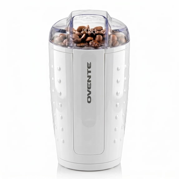OVENTE Electric Coffee Grinder with One Touch Push-Button, White CG225W | 2.5oz Capacity, 150W Motor, Stainless Steel Blades for Uniform Grinding of Beans, Spices, Herb, Nuts & More, Safety Lock Lid