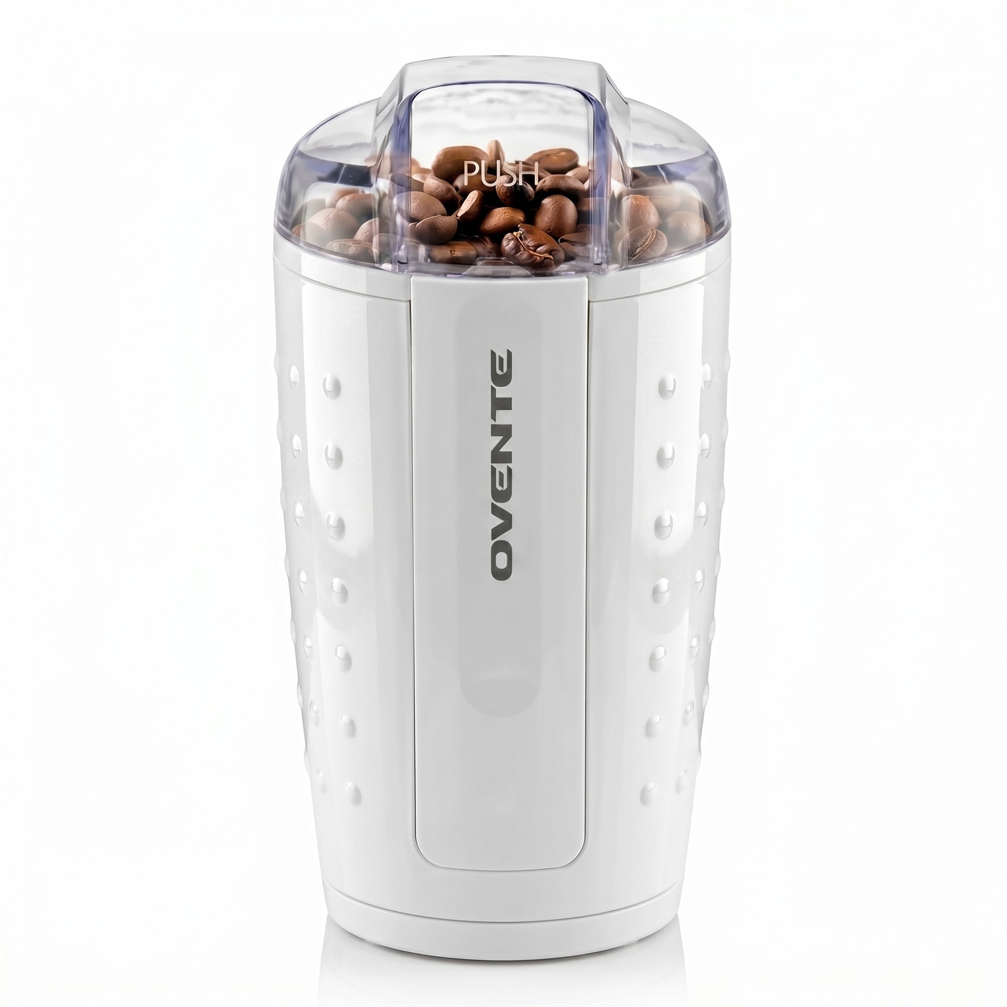 OVENTE Electric Coffee Grinder with One Touch Push-Button, White CG225W | 2.5oz Capacity, 150W Motor, Stainless Steel Blades for Uniform Grinding of Beans, Spices, Herb, Nuts & More, Safety Lock Lid