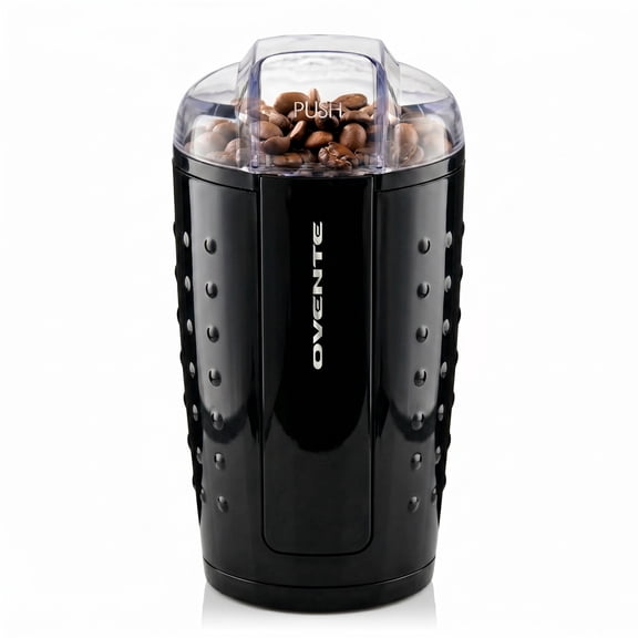 OVENTE Electric Coffee Grinder with One Touch Push-Button, Black CG225B | 2.5oz Capacity, 150W Motor, Stainless Steel Blades for Uniform Grinding of Beans, Spices, Herb, Nuts & More, Safety Lock Lid