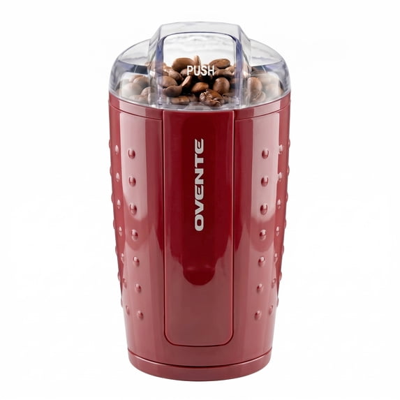 OVENTE Electric Coffee Grinder with One Touch Push-Button, Maroon CG225M, 2.5oz Capacity, 150W Motor, Stainless Steel Blades for Uniform Grinding of Beans, Spices, Herb, Nuts & More, Safety Lock Lid