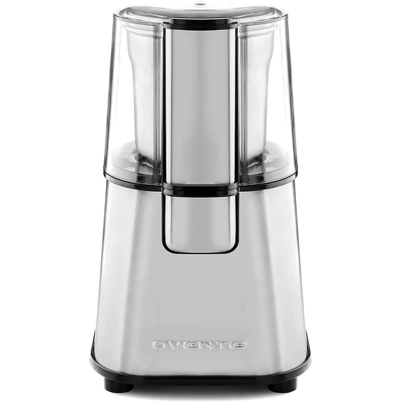 OVENTE Electric Coffee Grinder with Stainless Steel Blade, Silver CG620S | 200W One Touch Push-Button Grinding Mill for Beans and Dried Spice, Removable and Dishwasher Safe Bowl, Transparent Lid