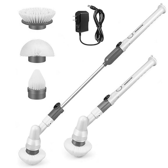 OVENTE Electric Spin Scrubber, Cordless Power Scrubber with 3 Brush Head, Adjustable Extension Handle, Waterproof Perfect for Cleaning Toilet, Shower, Bathroom Tub and Tile Floor, White CTB123WGY