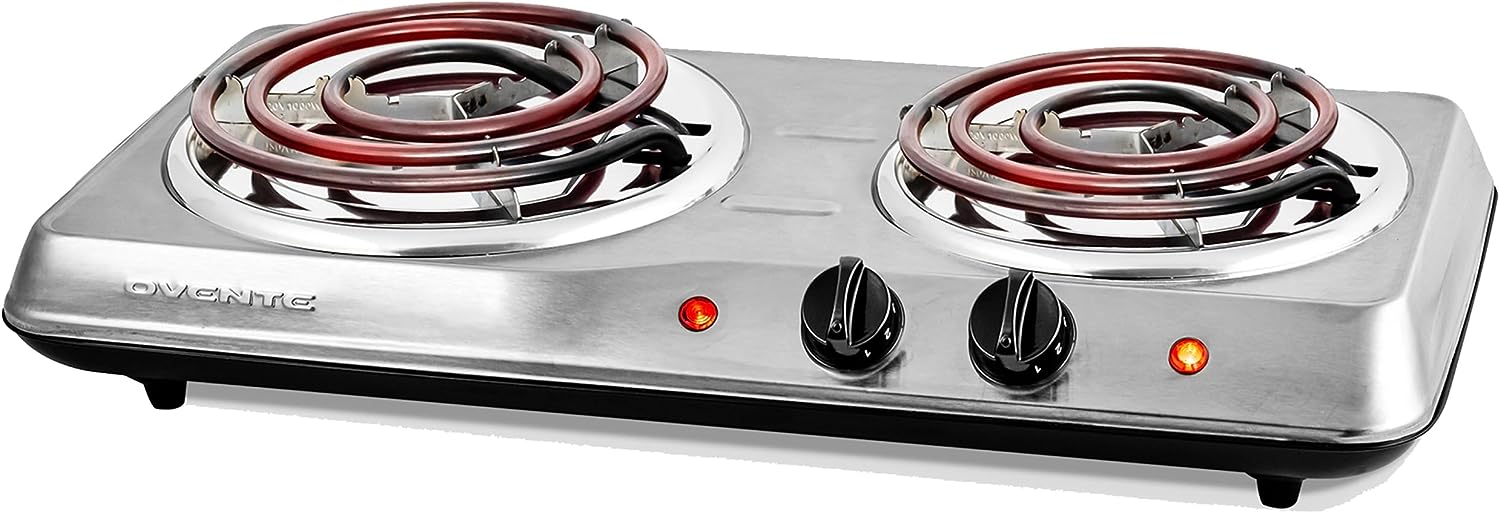OVENTE Electric Countertop Double Burner, 1700W Cooktop with 6 and 5.75  Stainless Steel Coil Hot Plates, 5 Level Temperature Control, Indicator  Lights and Easy to Clean Cooking Stove, Silver BGC102S 