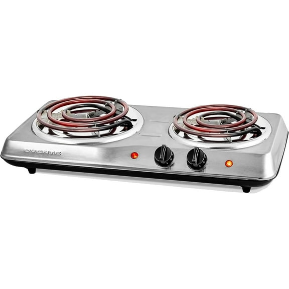 OVENTE Electric Countertop Double Burner, 1700W Cooktop with 6" and 5.75" Stainless Steel Coil Hot Plates, 5 Level Temperature Control, Indicator Lights and Easy to Clean Cooking Stove, Silver BGC102S