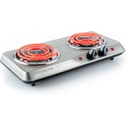 OVENTE Electric Countertop Double Burner 1700W Cooktop with 6 and 5.75 Stainless Steel Coil Hot Plates, 5 Level Temperature Control, Indicator Lights and Easy to Clean Cooking Stove, Silver BGC102S