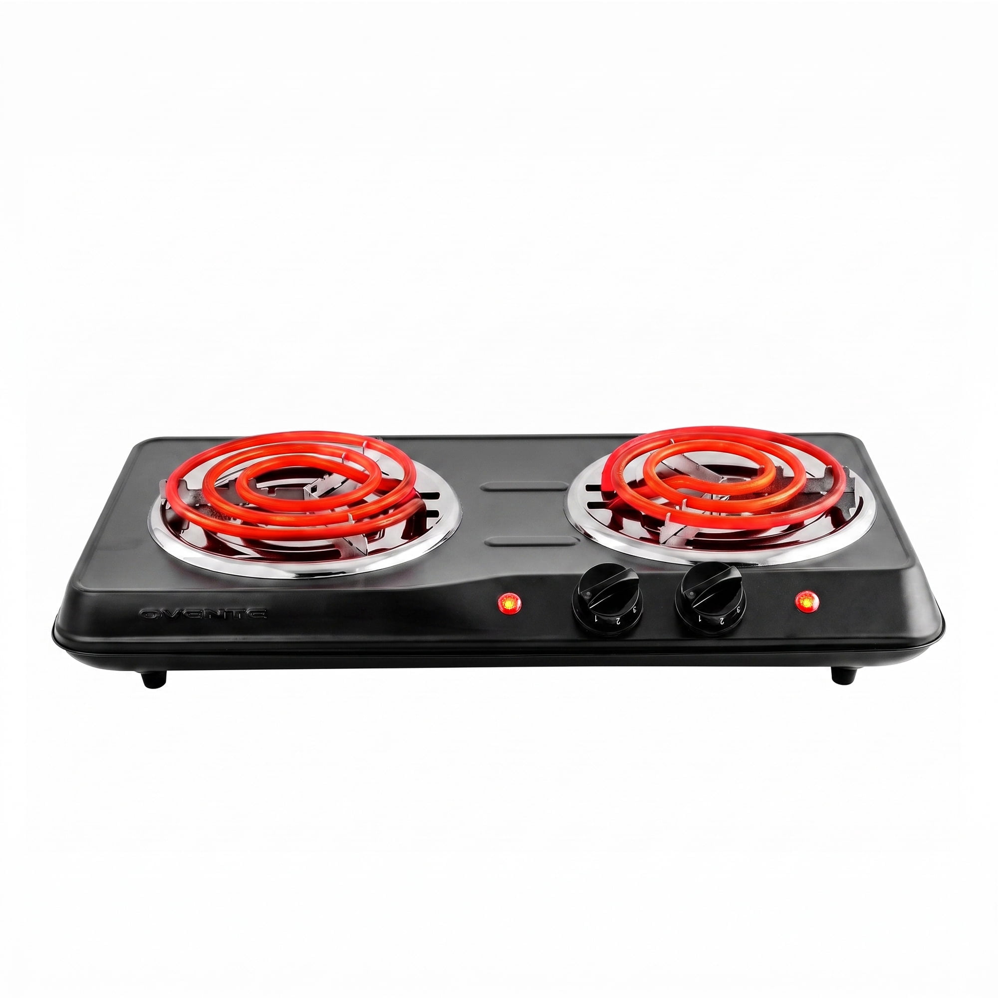 OVENTE Electric Double Burner, 1700W Coil Hot Plate, Black BGC102B, 6" & 5.75" Portable Countertop Cooktop, Metal Housing, 5-Level Temperature Control, Indicator Light, Easy-to-Clean, Compact
