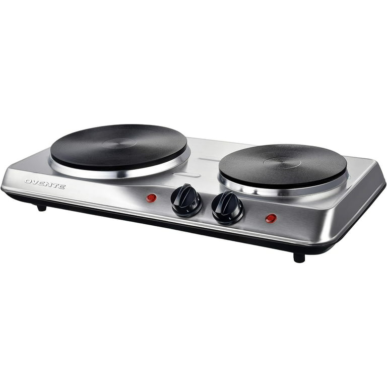 OVENTE Electric Countertop Double Burner, 1700W Cooktop with 6 and 5.75  Stainless Steel Coil Hot Plates, 5 Level Temperature Control, Indicator  Lights and Easy to Clean Cooking Stove, Black BGC102B 