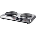 thumbnail image 1 of OVENTE Electric Countertop Double Burner, 1700W Cooktop with 7.25" and 6.10" Cast Iron Hot Plates, Temperature Control, Portable Cooking Stove and Easy to Clean Stainless Steel Base, Silver BGS102S, 1 of 8