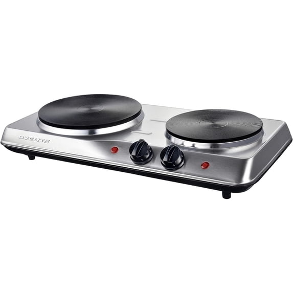 OVENTE Electric Countertop Double Burner, 1700W Cooktop with 7.25" and 6.10" Cast Iron Hot Plates, Temperature Control, Portable Cooking Stove and Easy to Clean Stainless Steel Base, Silver BGS102S