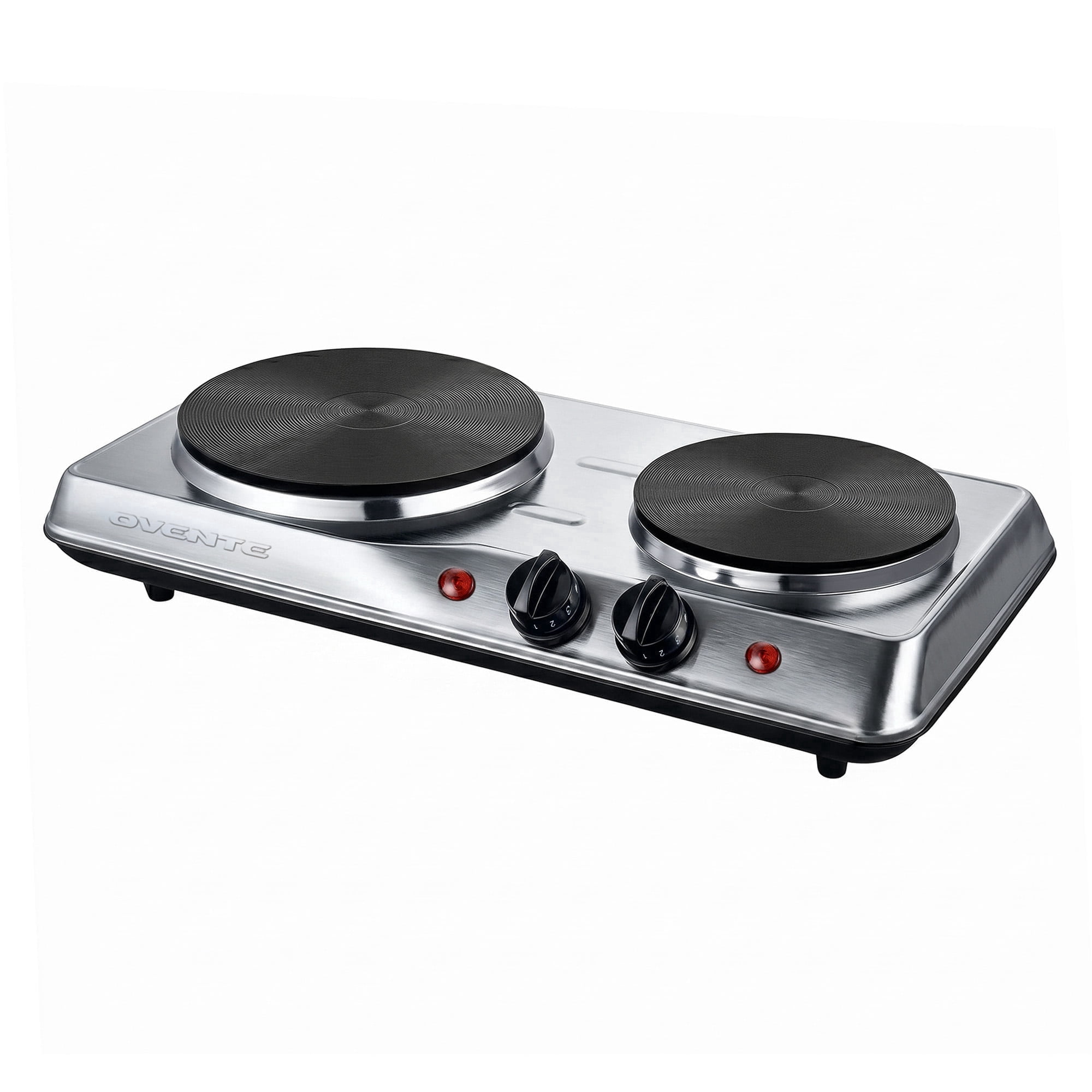 OVENTE Electric Countertop Double Burner, 1700W Cooktop with 7.25" and 6.10" Cast Iron Hot Plates, Temperature Control, Portable Cooking Stove and Easy to Clean Stainless Steel Base, Silver BGS102S