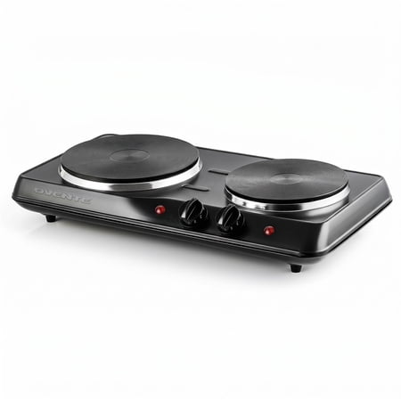 OVENTE Electric Cast Iron Double Burner, 1700W Hot Plate, Black BGS102B | 7.25" & 6.10" Portable Countertop Cooktop, Metal Housing, 5 Level Temperature Control, Indicator Light, Easy-to-Clean