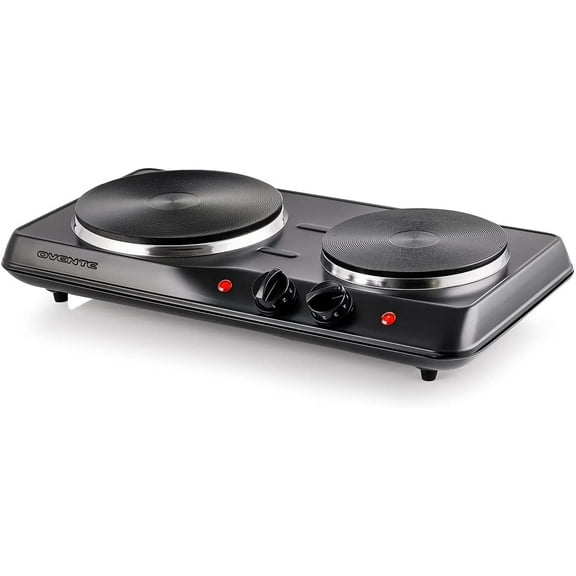 OVENTE Electric Countertop Double Burner, 1700W Cooktop with Cast Iron Hot Plates, Black BGS102B