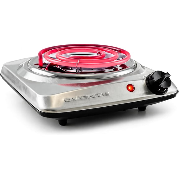 OVENTE Electric Countertop Single Burner, 1000W Cooktop with 6" Stainless Steel Coil Hot Plate, 5 Level Temperature Control, Indicator Light, Compact Cooking Stove and Easy to Clean, Silver BGC101S