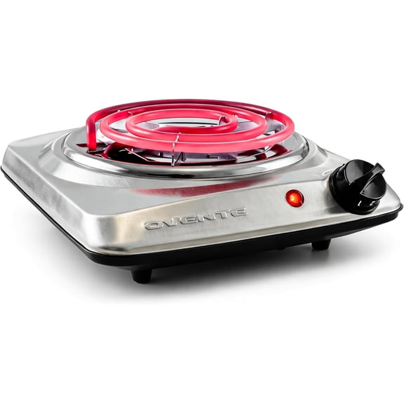 OVENTE Electric Single Burner Hot Plate, 1000W Portable Countertop Cooktop, 6-Inch Stainless Steel Coil, 5-Level Temperature Control, Indicator Light, Easy-to-Clean, Silver BGC101S
