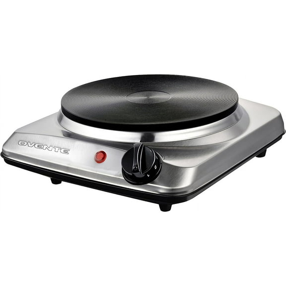 Open Box OVENTE Electric Countertop Single Burner, 1000W Cooktop with 7.25 Inch Cast Iron Hot Plate, 5 Level Temperature Control, Compact Cooking Stove and Easy to Clean Stainless Steel Base, Silver BGS101S