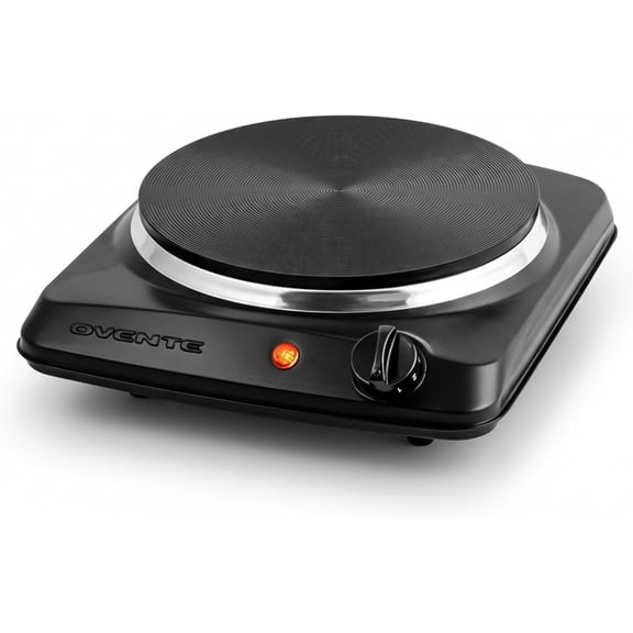 OVENTE Electric Countertop Single Burner, 1000W Cooktop with 7.25 Inch Cast Iron Hot Plate, 5 Level Temperature Control, Compact Cooking Stove and Easy to Clean Stainless Steel Base, Black BGS101B