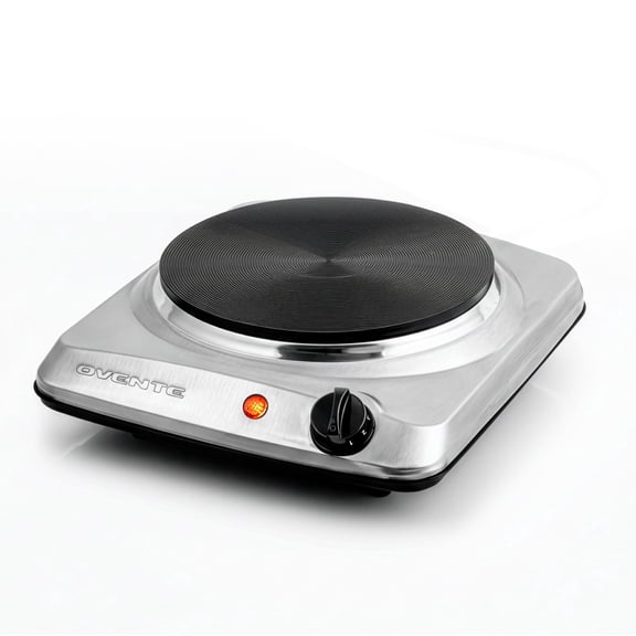 OVENTE Electric Countertop Single Burner, 1000W Cooktop with 7.25 Inch Cast Iron Hot Plate, 5 Level Temperature Control, Compact Cooking Stove and Easy to Clean Stainless Steel Base, Silver BGS101S