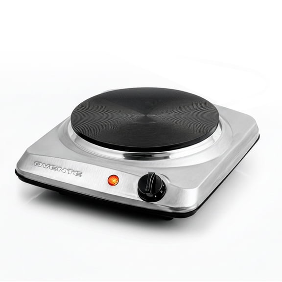 OVENTE Electric Countertop Single Burner, 1000W Cooktop with 7.25 Inch Cast Iron Hot Plate, 5 Level Temperature Control, Compact Cooking Stove and Easy to Clean Stainless Steel Base, Silver BGS101S