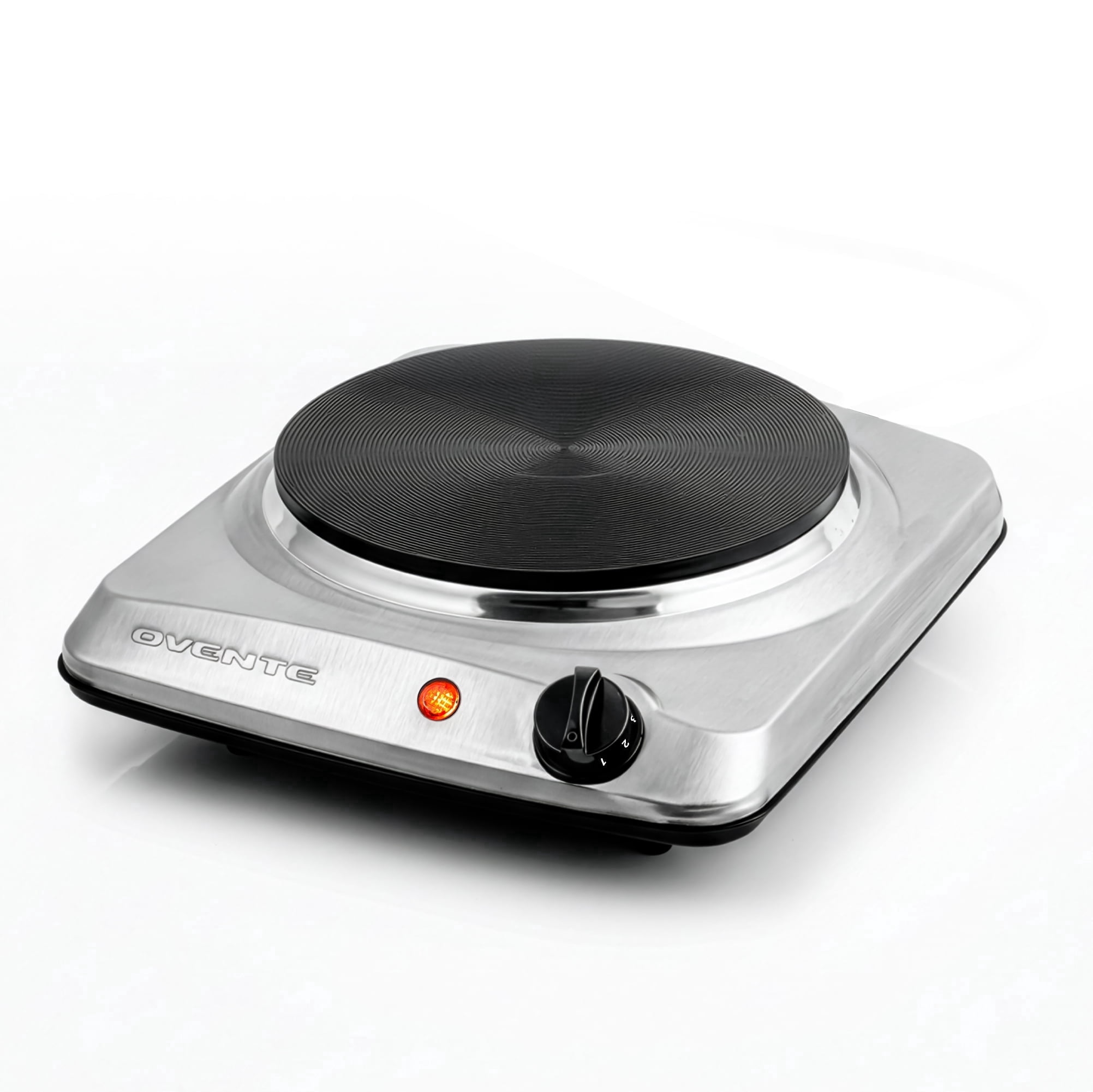 OVENTE Electric Countertop Single Burner, 1000W Cooktop with 7.25 Inch Cast Iron Hot Plate, 5 Level Temperature Control, Compact Cooking Stove and Easy to Clean Stainless Steel Base, Silver BGS101S