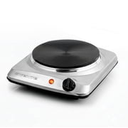 OVENTE Electric Countertop Single Burner, 1000W Cooktop with 7.25 Inch Cast Iron Hot Plate, 5 Level Temperature Control, Compact Cooking Stove and Easy to Clean Stainless Steel Base, Silver BGS101S