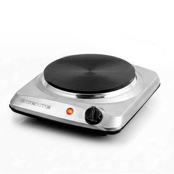 OVENTE Electric Countertop Single Burner, 1000W Cooktop with 7.25 Inch Cast Iron Hot Plate, 5 Level Temperature Control, Compact Cooking Stove and Easy to Clean Stainless Steel Base, Silver BGS101S
