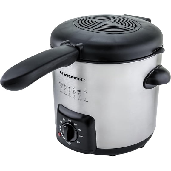 OVENTE Electric Deep Fryer, 0.9L Capacity, 840W with Adjustable Temperature, Locking Lid, Removable Fry Basket & Cool-Touch Handles, Stainless Steel Countertop Fryer, Silver FDM1091BR