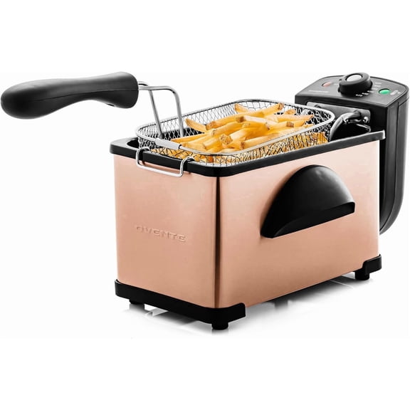 OVENTE Electric Deep Fryer, 2L Capacity, 1500W, Copper FDM2201CO | Lid w/ Viewing Window and Odor Filter, Adjustable Temperature, Removable Frying Basket and Easy to Clean Stainless Steel Body