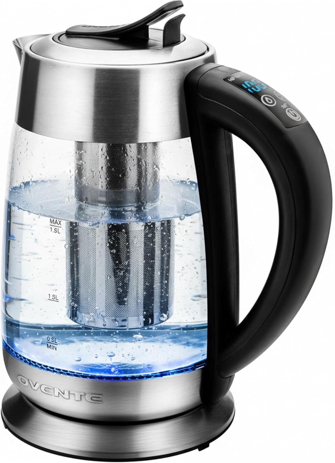 OVENTE Electric Glass Kettle Hot Water Boiler 1.8 Liter BPA Free 1500W, Set Temperature Control, Auto Shut Off, Portable Tea Kettle & Instant Water Heater + Stainless Steel Infuser - KG6610S