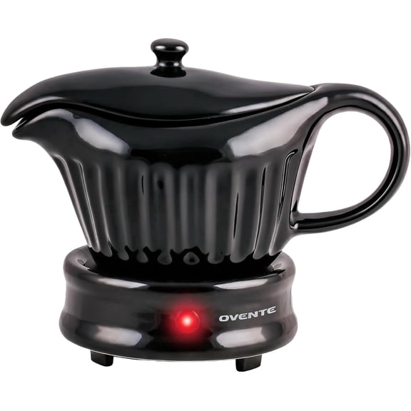 OVENTE Electric Gravy Boat Warmer with Ceramic Pot and Lid, Detachable Warming Base and Easy-Pour Spout, 13.5 Ounce Ideal for Small Parties, Entertaining, Thanksgiving and Holiday, Black FW024589B