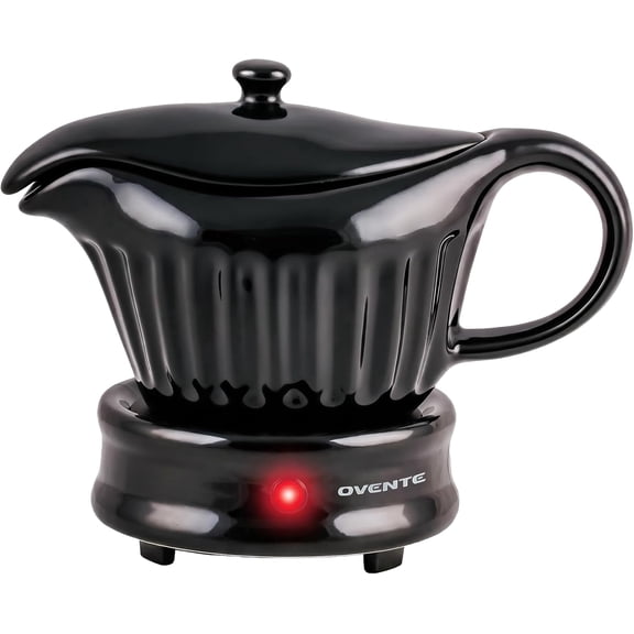 OVENTE Electric Gravy Boat Warmer with Ceramic Pot and Lid, Detachable Warming Base and Easy-Pour Spout, 13.5 Ounce Ideal for Small Parties, Entertaining, Thanksgiving and Holiday, Black FW024589B