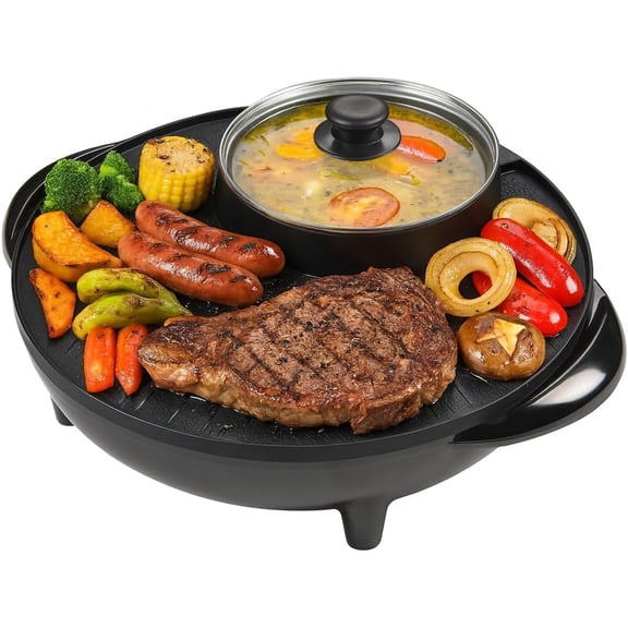 OVENTE Electric Hot Pot and Grill Combo, 2-in-1 Portable Countertop Cooker with Temperature Control Perfect for Korean BBQ, Shabu Shabu and Soup with Free Strainer, Chopsticks and Tong, GH10133B