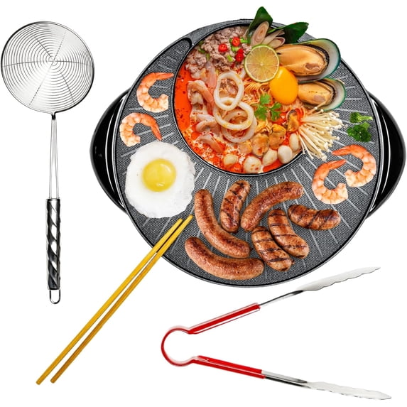 OVENTE Electric Hot Pot and Grill Combo, 2-in-1 Portable Countertop Cooker with Temperature Control Perfect for Korean BBQ, Shabu Shabu and Soup with Free Strainer, Chopsticks and Tong, Black GH10133
