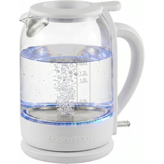 OVENTE Electric Kettle with 1.5L Borosilicate Glass, 1500W Fast Boiling Water Heater for Coffee or Tea, Easy to Fill Lid, Auto Shut-Off, Boil-Dry Protection & Stainless Steel Filter, White KG516W