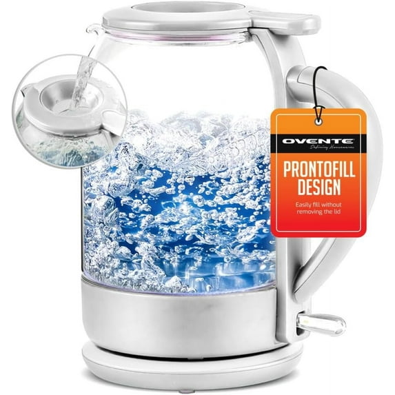 OVENTE Electric Hot Water Glass Kettle 1.5 Liter Borosilicate Glass with ProntoFill Technology Easy Fill Solution, Portable 1500 Watt Tea Maker Auto Shut-Off Fast Heating for Beverage, White KG516W
