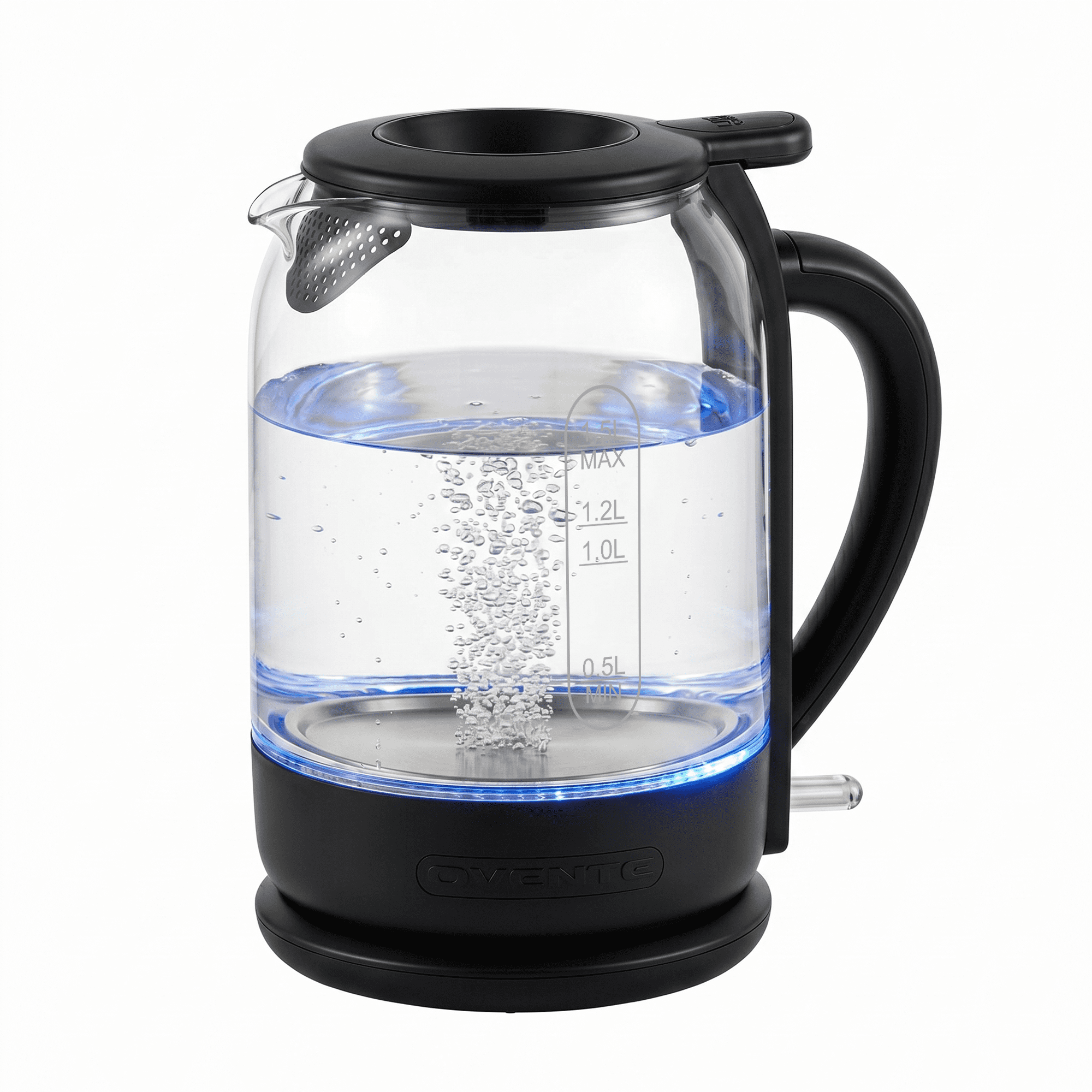 OVENTE Electric Kettle with 1.5L Borosilicate Glass, 1500W Fast Boiling Water Heater for Coffee or Tea, Easy to Fill Lid, Auto Shut-Off, Boil-Dry Protection & Stainless Steel Filter, Black KG516B