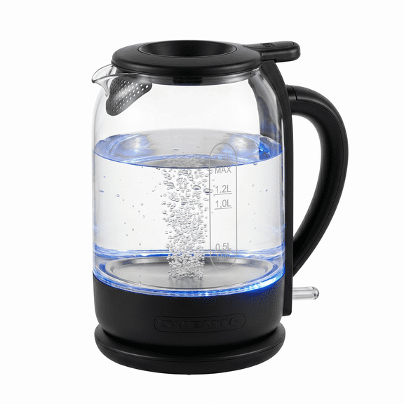 OVENTE Electric Kettle with 1.5L Borosilicate Glass, 1500W Fast Boiling Water Heater for Coffee or Tea, Easy to Fill Lid, Auto Shut-Off, Boil-Dry Protection & Stainless Steel Filter, Black KG516B