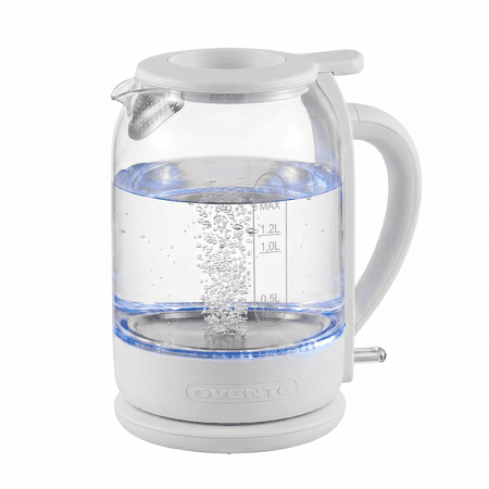 OVENTE Electric Kettle with 1.5L Borosilicate Glass, 1500W Fast Boiling Water Heater for Coffee or Tea, Easy to Fill Lid, Auto Shut-Off, Boil-Dry Protection & Stainless Steel Filter, White KG516W