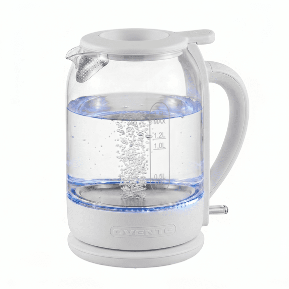OVENTE Electric Kettle with 1.5L Borosilicate Glass, 1500W Fast Boiling Water Heater for Coffee or Tea, Easy to Fill Lid, Auto Shut-Off, Boil-Dry Protection & Stainless Steel Filter, White KG516W