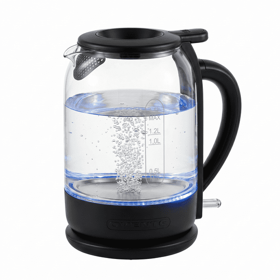 OVENTE 1.5L Glass Electric Kettle Water Boiler, Black KG516B | 1500W Fast Boiling, Easy Fill Lid, Stainless Steel Filter, LED Indicator, Auto Shut-Off, Boil-Dry Protection, 360° Base