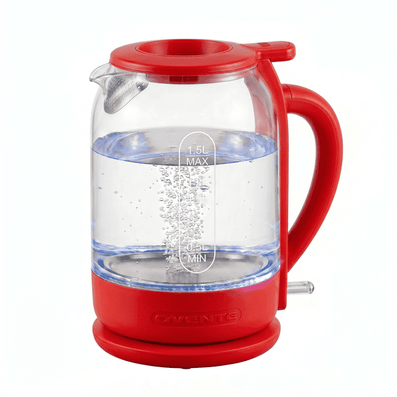 OVENTE 1.5L Glass Electric Kettle Water Boiler, Red KG516R | 1500W Fast Boiling, Easy Fill Lid, Stainless Steel Filter, LED Indicator, Auto Shut-Off, Boil-Dry Protection, 360° Base