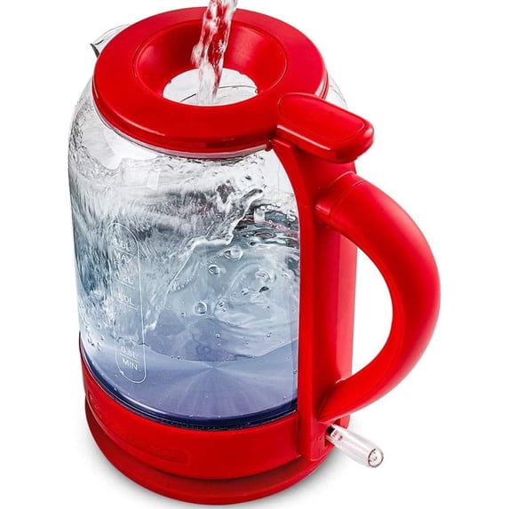 OVENTE Electric Kettle with 1.5L Borosilicate Glass, 1500W Fast Boiling Water Heater for Coffee or Tea, Easy to Fill Lid, Auto Shut-Off, Boil-Dry Protection & Stainless Steel Filter, Red KG516R