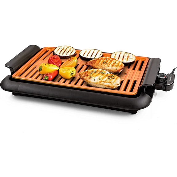 OVENTE Electric Indoor Grill, 15x10 Inch Non-Stick Plate, Copper GD1510NLCO | 1200W Fast Heat Up Power, Adjustable Temperature, Removable and Dishwasher Safe Grilling and Drip Tray
