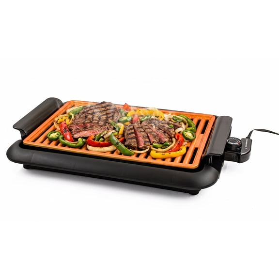 OVENTE Electric Indoor Grill, 15x10 Inch Non-Stick Plate, Copper GD1510NLCO | 1200W Fast Heat Up Power, Adjustable Temperature, Removable and Dishwasher Safe Grilling and Drip Tray