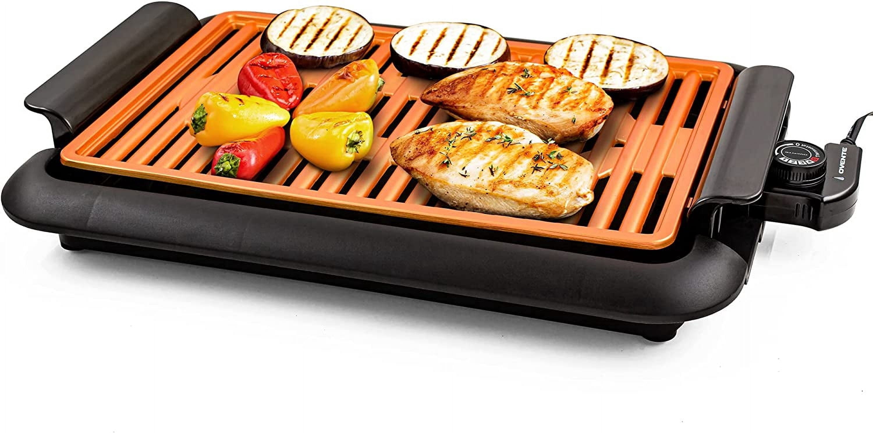 OVENTE Electric Indoor Grill with 15x10 Inch Non-Stick Cooking Surface, 1200W Fast Heat Up Power, Adjustable Temperature, Removable and Dishwasher Safe Grilling Plate and Drip Tray, Copper GD1510NLCO
