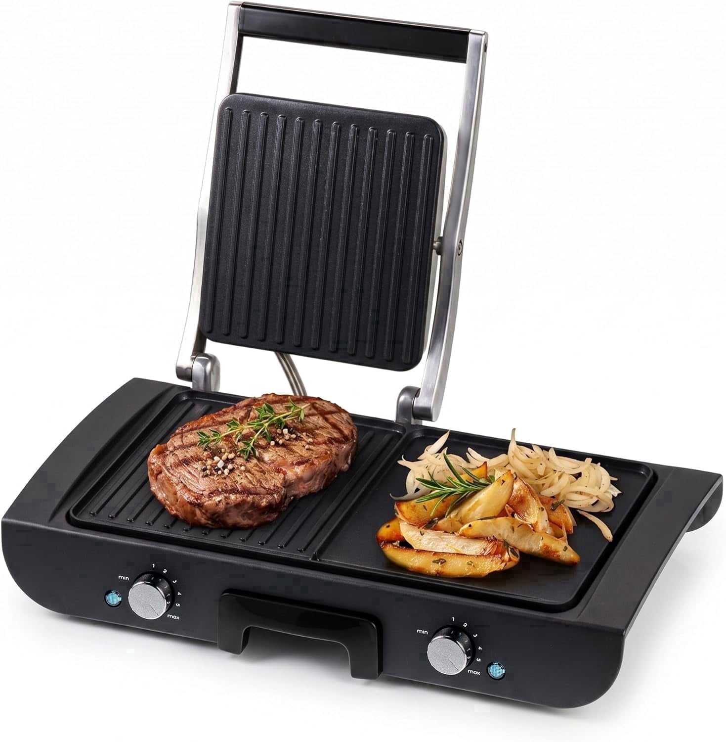 OVENTE Electric 2 in 1 Indoor Grill + Griddle Combo, 1500W, Black GDG222B | Dual Independent Cooking Zones, Adjustable Temperature with Separate Knobs, Nonstick Plates and Removable Drip Tray