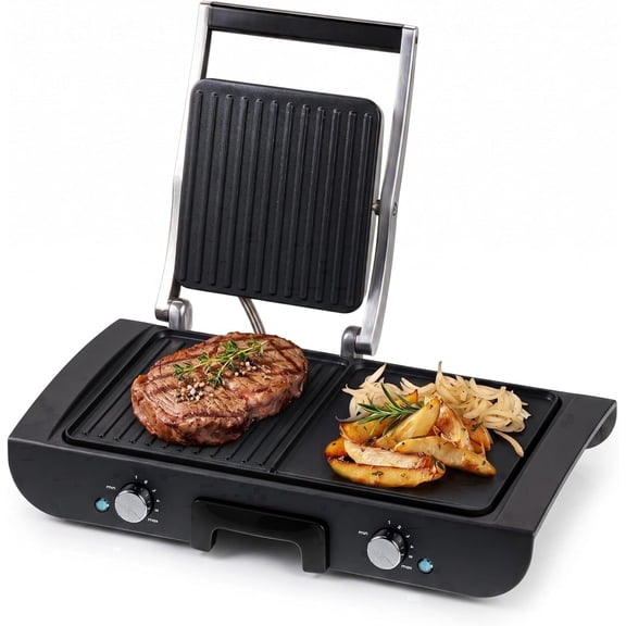 OVENTE Electric 2 in 1 Indoor Grill + Griddle Combo, 1500W, Black GDG222B | Dual Independent Cooking Zones, Adjustable Temperature with Separate Knobs, Nonstick Plates and Removable Drip Tray